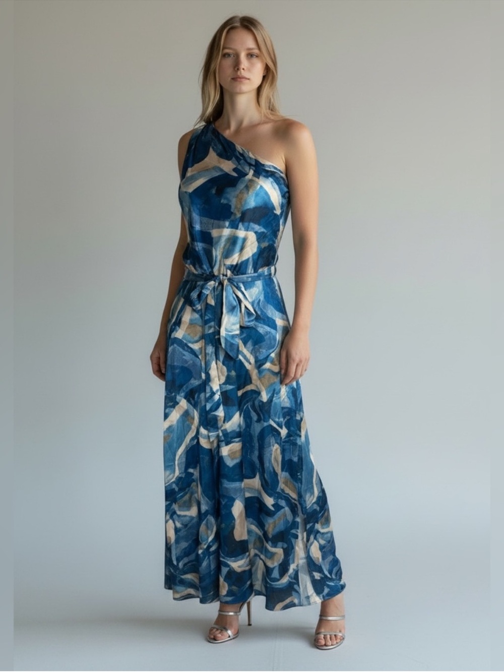 NWT Nicole Miller New York One Shoulder Satin Maxi Dress Blue Abstract Size 14